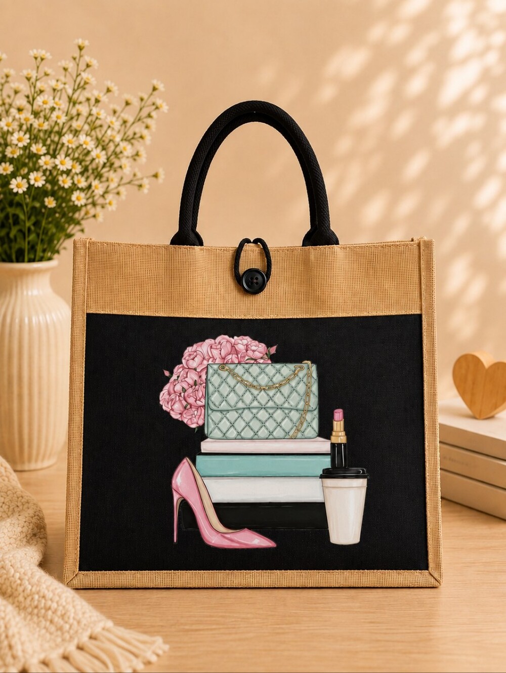 Boho Chic Fashion Jute Tote Bag – Black & Natural – Statement Graphic